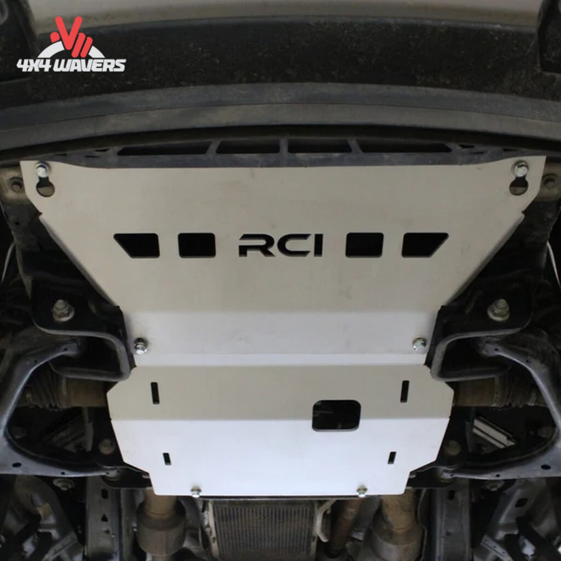 Underbody view of RCI raw aluminum skid plate mounted to F150 front frame F150-15-ENGINE-ALRAW