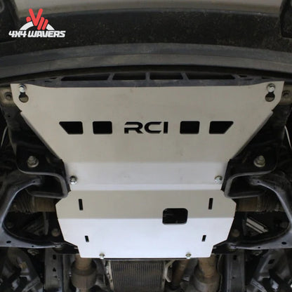 Underbody view of RCI raw aluminum skid plate mounted to F150 front frame F150-15-ENGINE-ALRAW