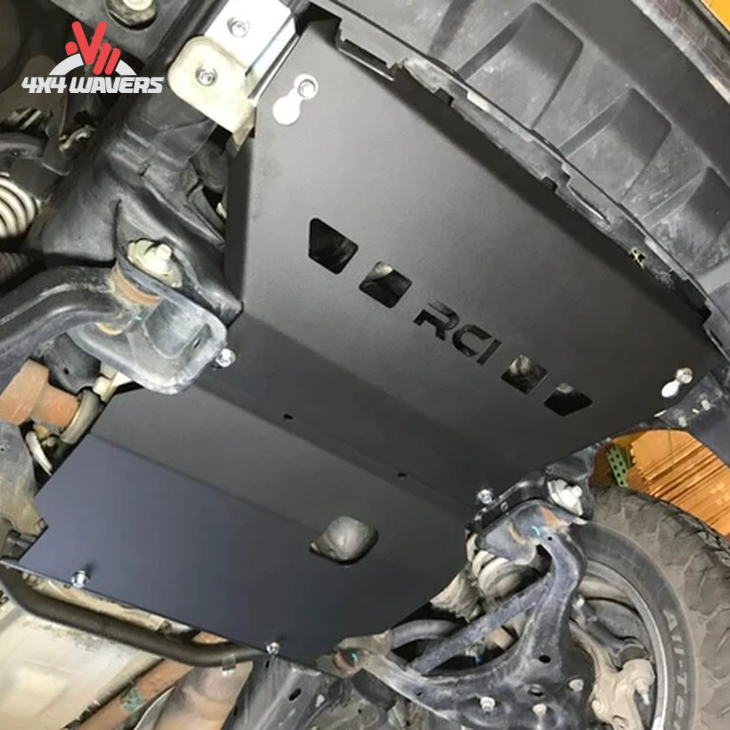 Underbody view of RCI raw aluminum skid plate mounted to F150 front frame F150-15-ENGINE-ALRAW