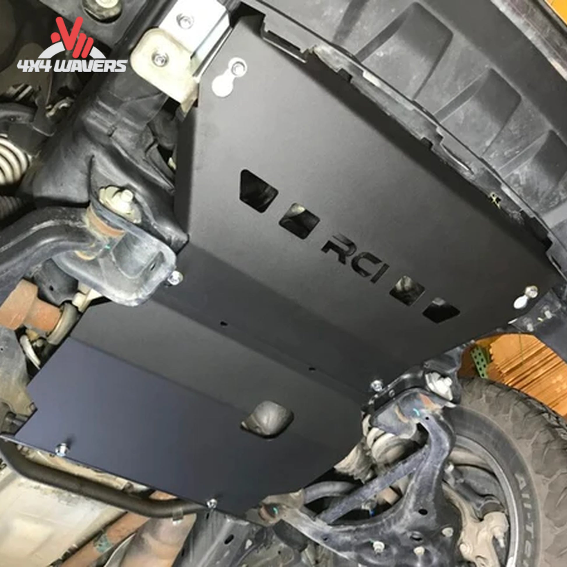 Underbody view of RCI raw aluminum skid plate mounted to F150 front frame F150-15-ENGINE-ALRAW