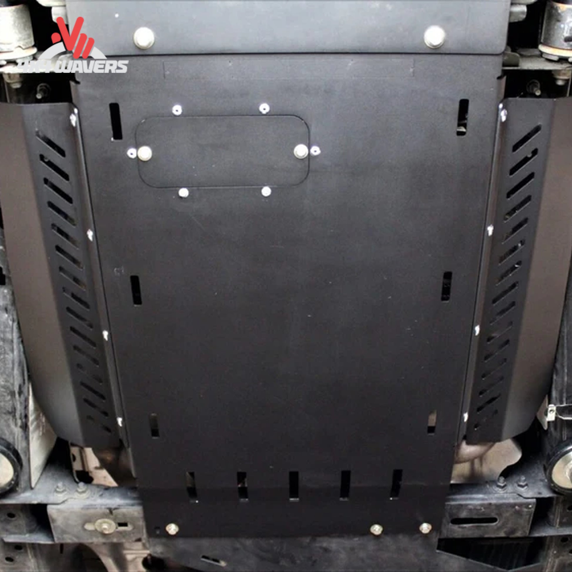 Underbody view of RCI catalytic converter shield mounted on F150 transmission skid F150-15-CATGUARDS
