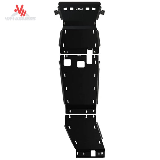 Complete black powder coated steel skid plate system for 2019 to 2026 Chevy Silverado SKU SLVRD-19-PKG