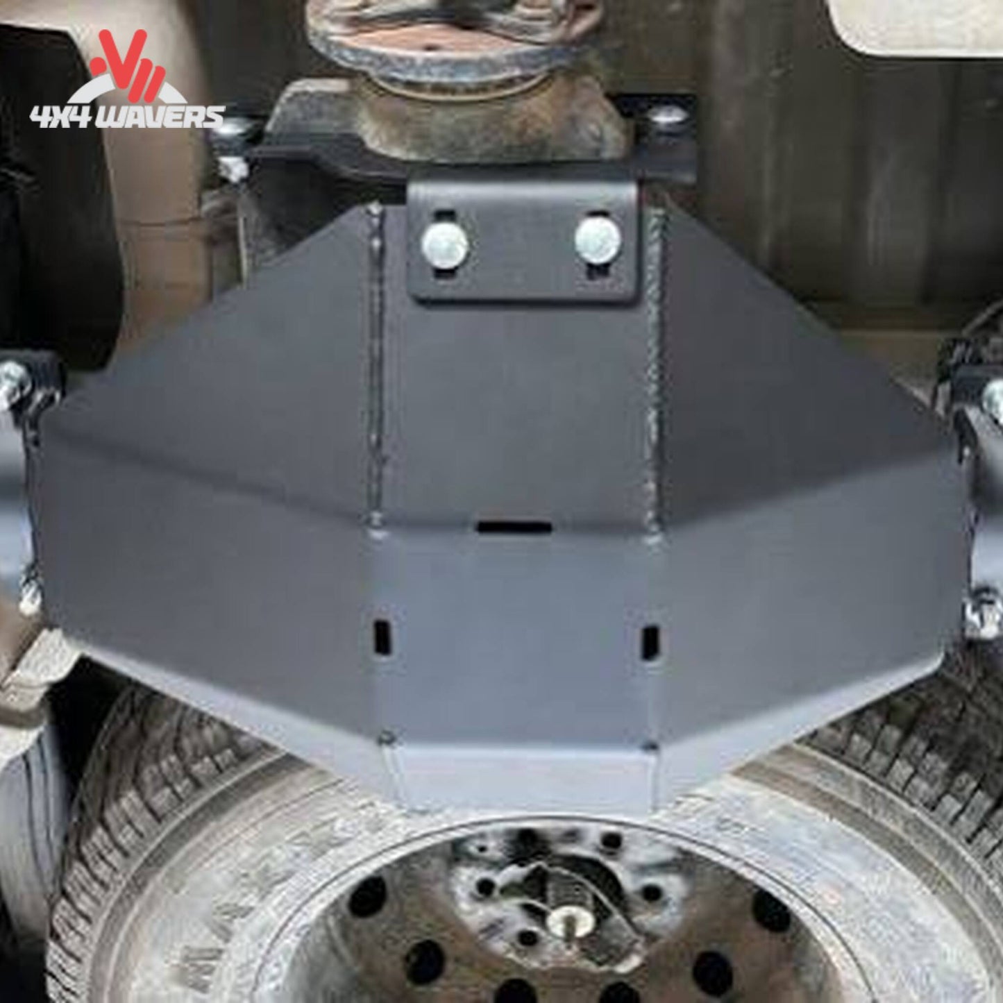 Close up of drainage ports on black steel skid plate F150-15-975-DIFF