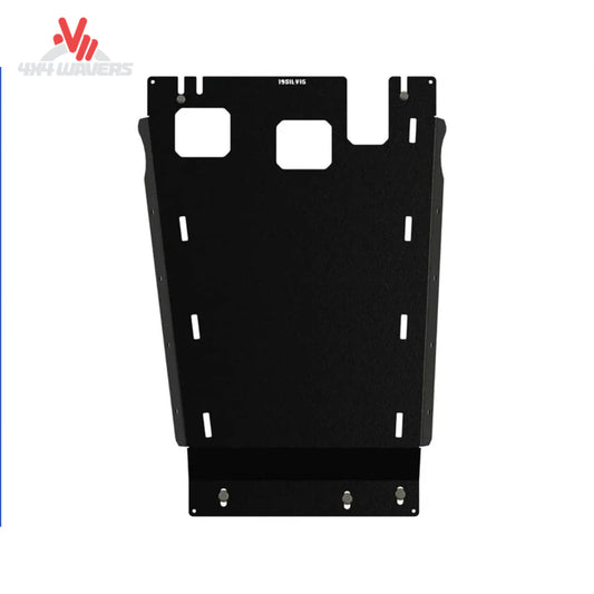 Black powder coated steel transmission skid plate for 2019 to 2026 Chevy Silverado SKU SLVRD-19-TRANS-STBK