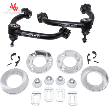 ReadyLIFT 2.5 leveling kit installed on a Ford F-150 Tremor for improved height and stance, showcasing the kit components.