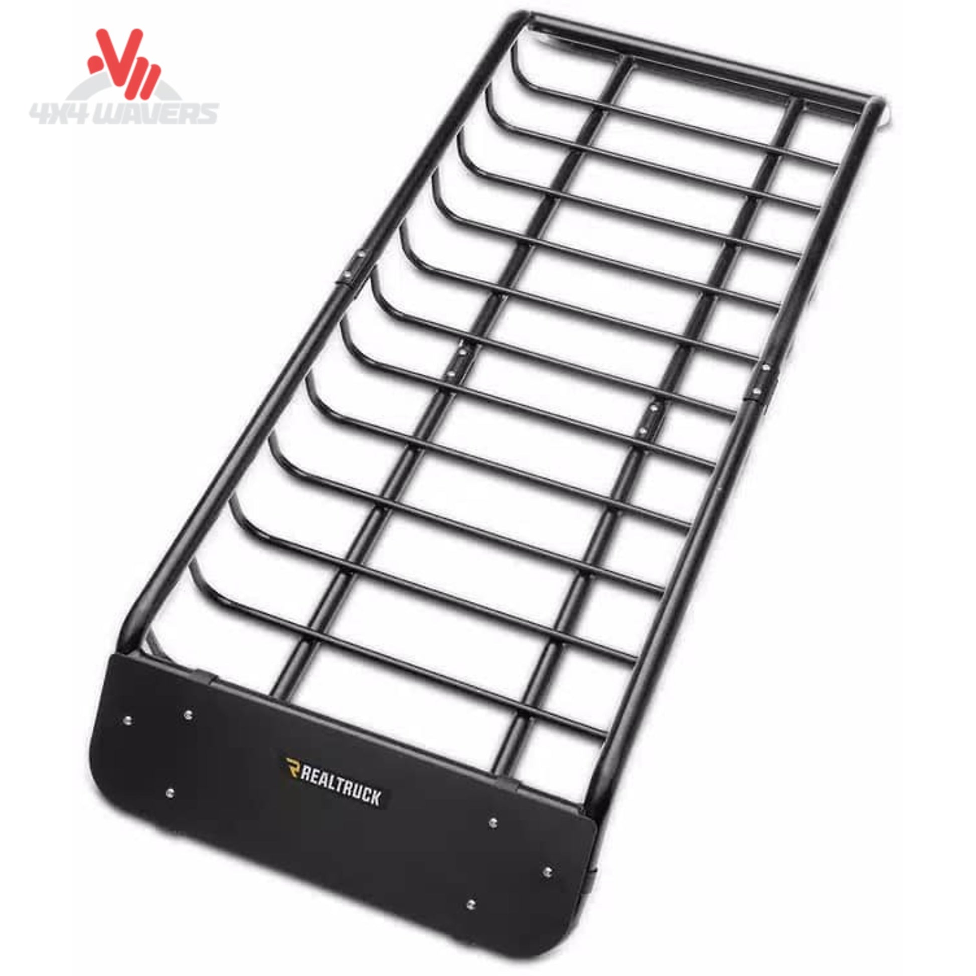 What the RealTruck Elevate Narrow Cargo Basket looks like when installed on an overland truck rack for cargo storage
