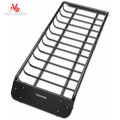 What the RealTruck Elevate Narrow Cargo Basket looks like when installed on an overland truck rack for cargo storage