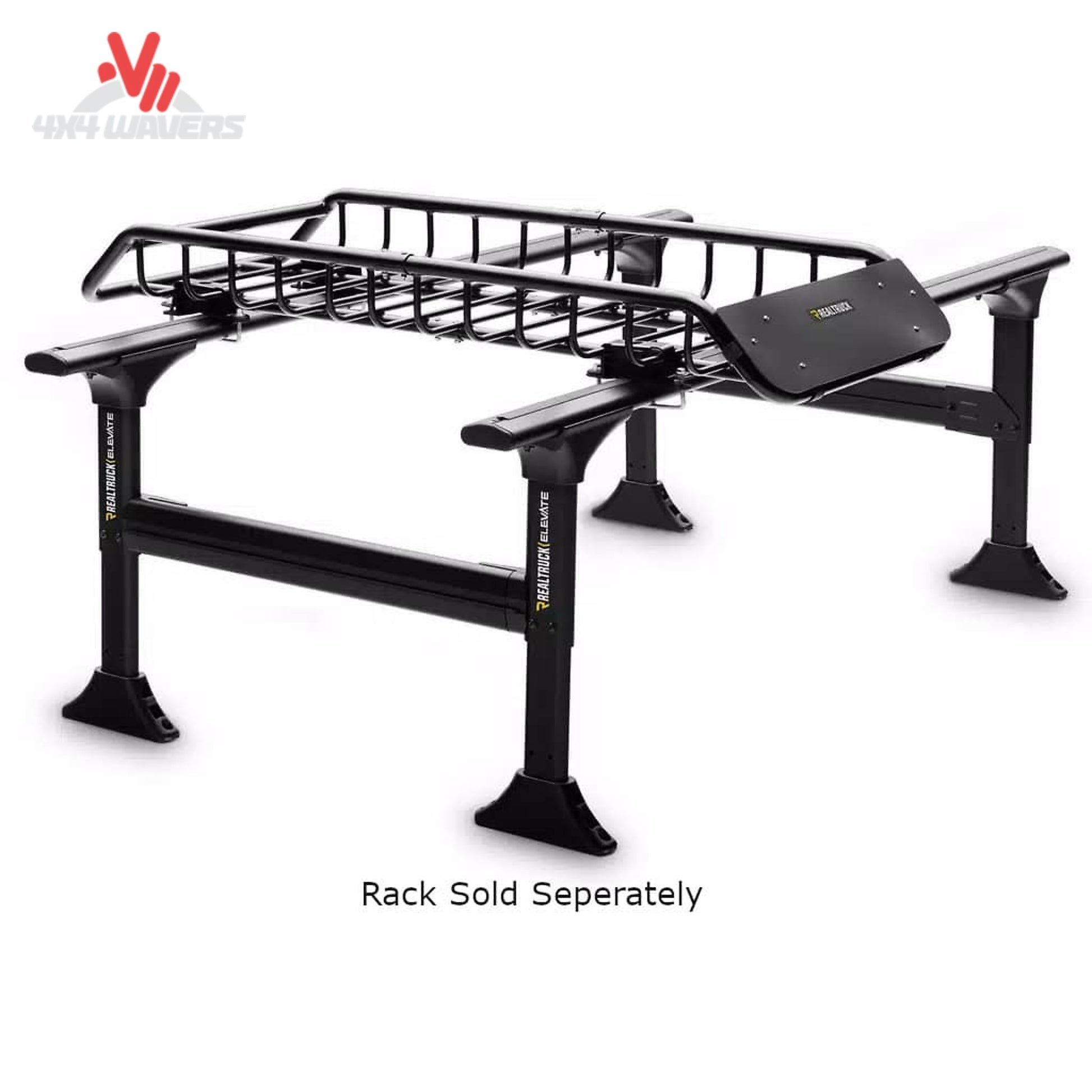 What the RealTruck Elevate Narrow Cargo Basket looks like when installed on an overland truck rack for cargo storage