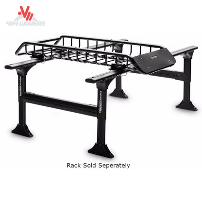 What the RealTruck Elevate Narrow Cargo Basket looks like when installed on an overland truck rack for cargo storage