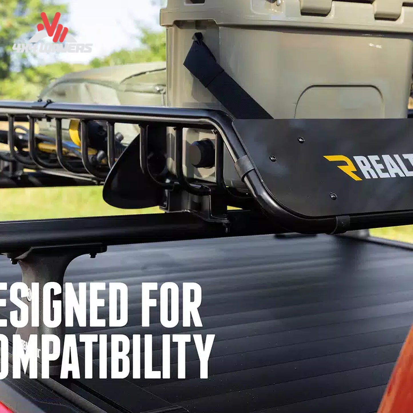 What the RealTruck Elevate Narrow Cargo Basket looks like when installed on an overland truck rack for cargo storage