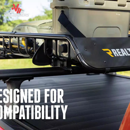 What the RealTruck Elevate Narrow Cargo Basket looks like when installed on an overland truck rack for cargo storage