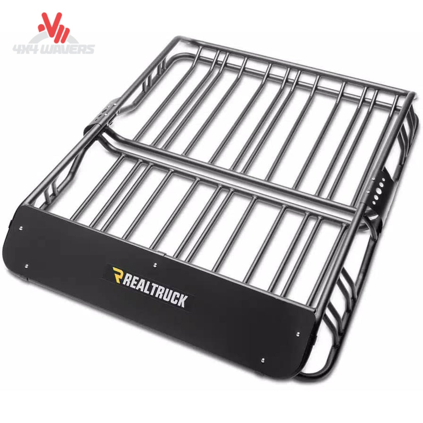RealTruck Elevate Standard Cargo Basket installed on an overland truck rack carrying camping and adventure gear