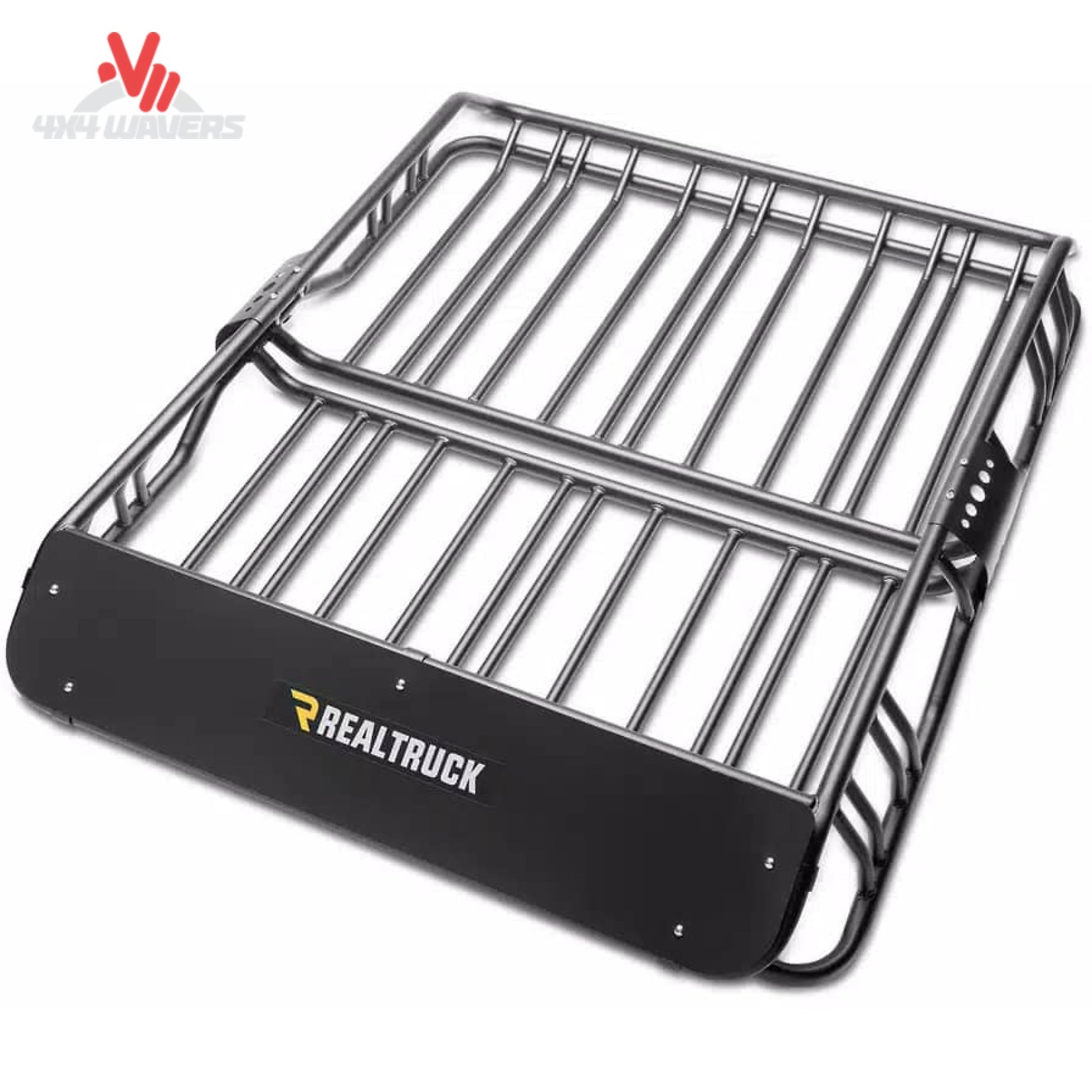 RealTruck Elevate Standard Cargo Basket installed on an overland truck rack carrying camping and adventure gear