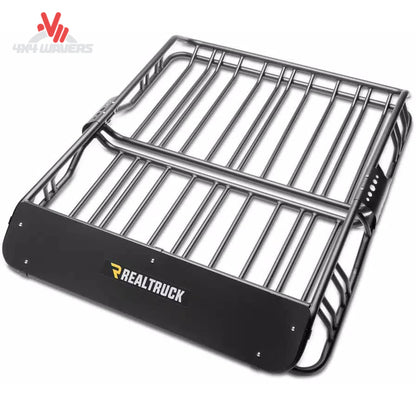 RealTruck Elevate Standard Cargo Basket installed on an overland truck rack carrying camping and adventure gear