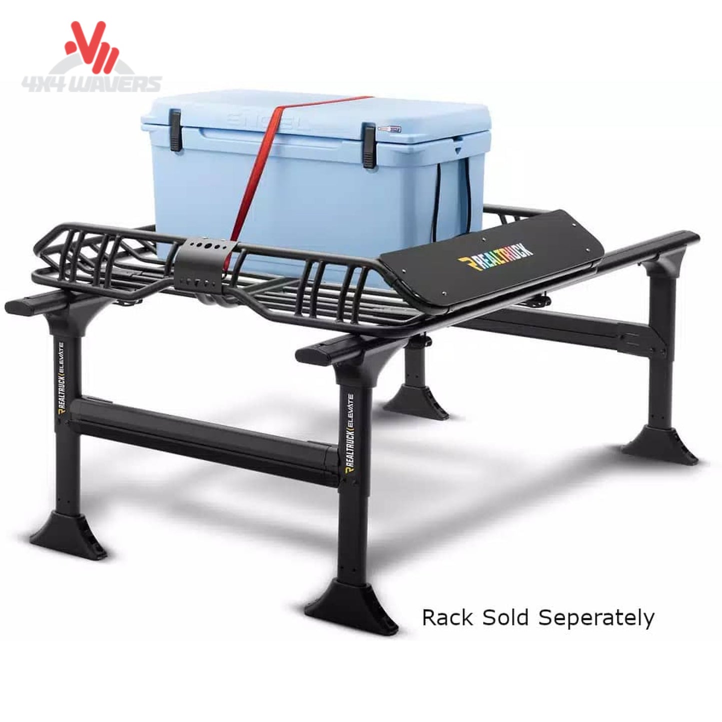 RealTruck Elevate Standard Cargo Basket installed on an overland truck rack carrying camping and adventure gear