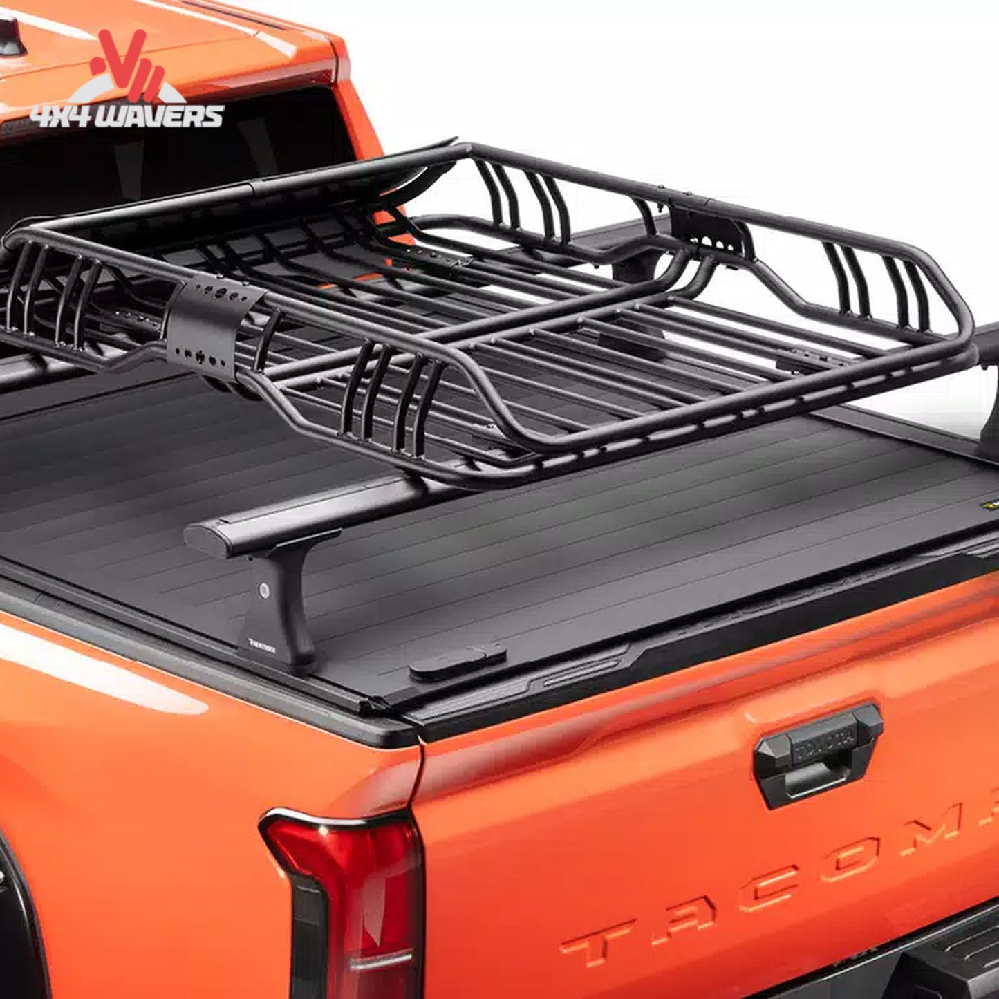 RealTruck Elevate Standard Cargo Basket installed on an overland truck rack carrying camping and adventure gear
