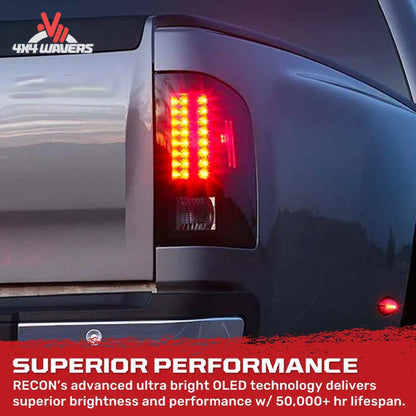 Recon smoked LED tail lights illuminated with brake lights on a 2007-2013 Silverado and 2007-2014 HD truck.