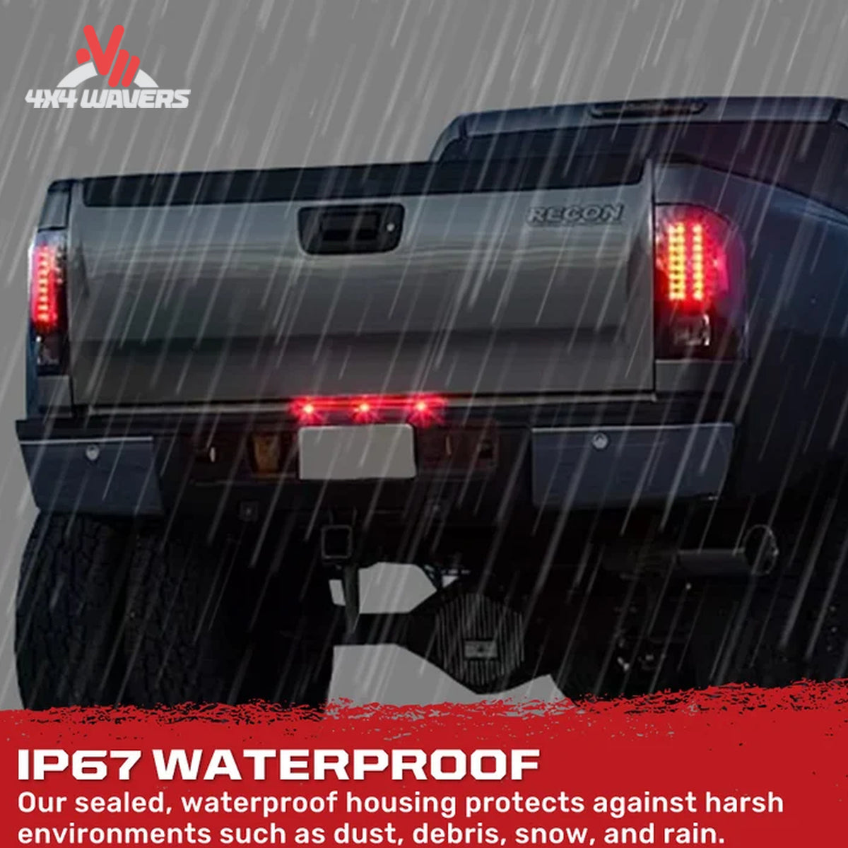 Recon smoked LED tail lights illuminated with brake lights on a Silverado 2007-2013 and HD 2007-2014 truck.