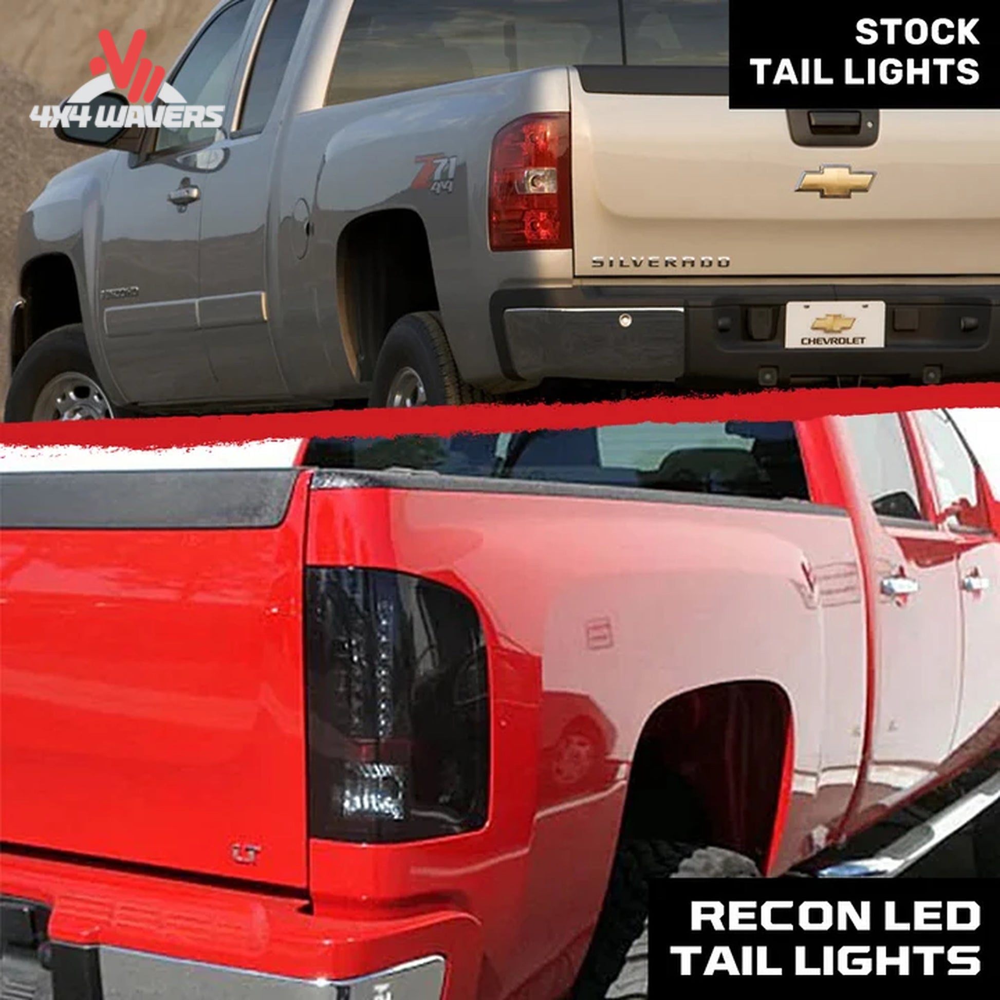 Recon smoked LED tail lights installed on a 2007-2013 Silverado and 2007-2014 HD truck, showcasing the distinctive smoked lens design.