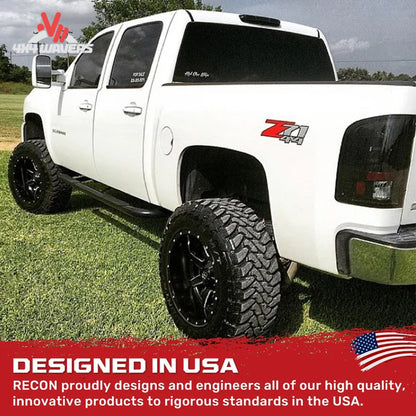 Recon smoked LED tail lights installed on 2007-2013 Silverado HD, showcasing their sleek smoked finish and bright LED illumination.