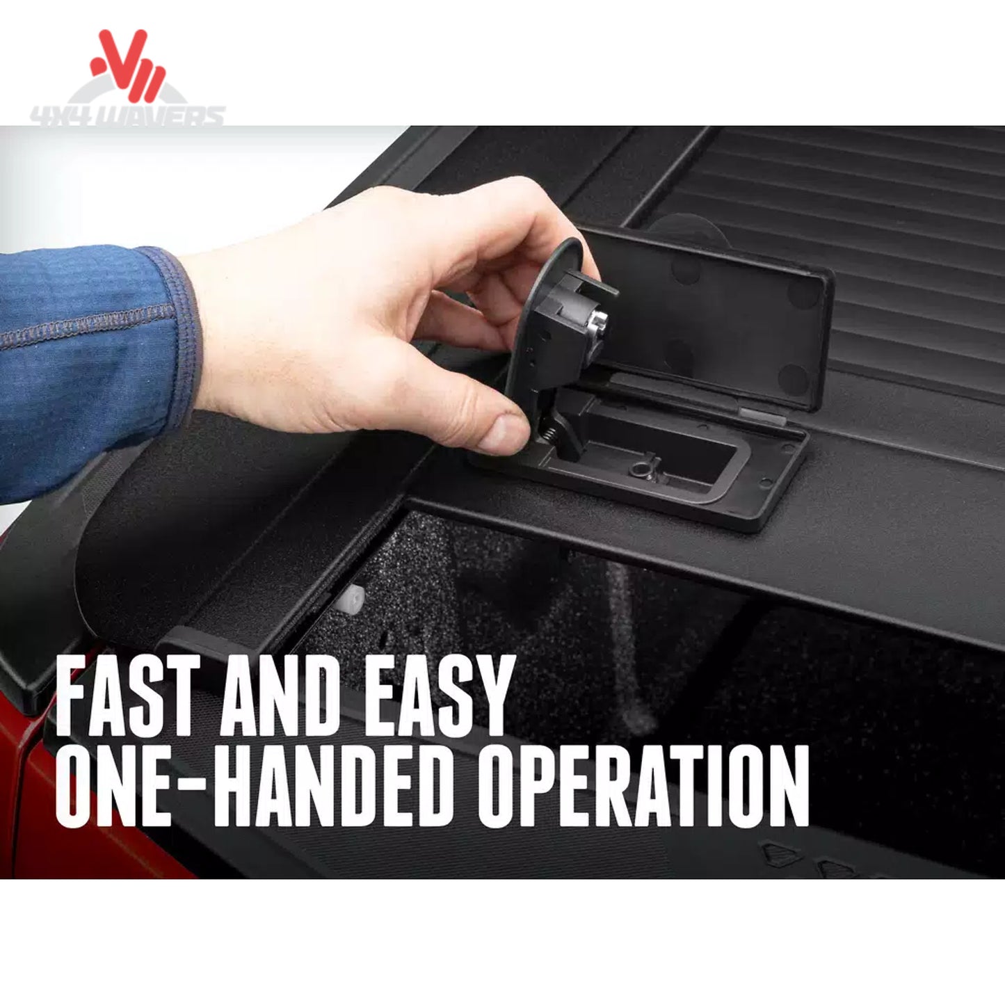 RetraxONE MX tonneau cover latch and key lock mechanism on a Ford F-150 6.5' bed, showcasing secure locking features.