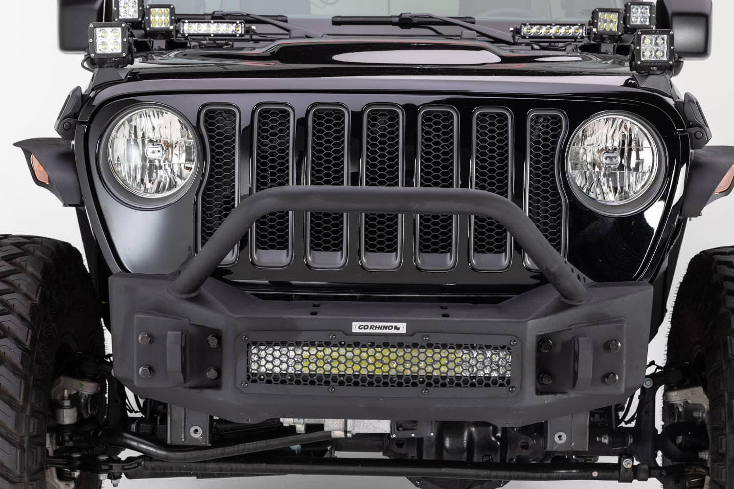 Go Rhino Rockline Stubby Front Winch Bumper with Overrider Bar for Jeep Wrangler JK, JL, and Gladiator JT featuring hex mesh design