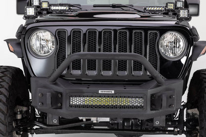 Go Rhino Rockline Stubby Front Winch Bumper with Overrider Bar for Jeep Wrangler JK, JL, and Gladiator JT featuring hex mesh design