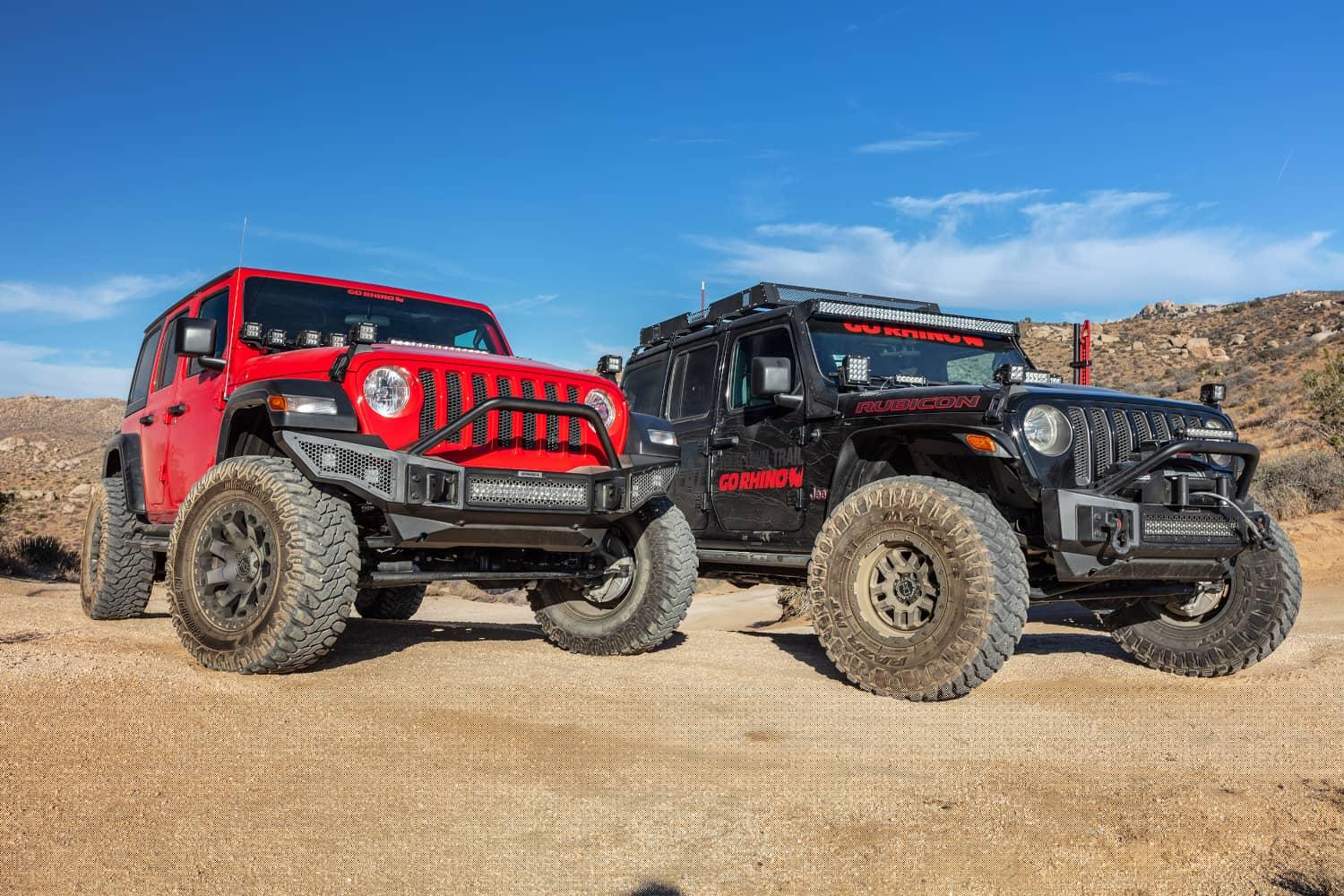 Go Rhino Rockline Stubby front winch bumper with hex mesh design and overrider bar for Jeep Wrangler JK, JL, and Gladiator JT.