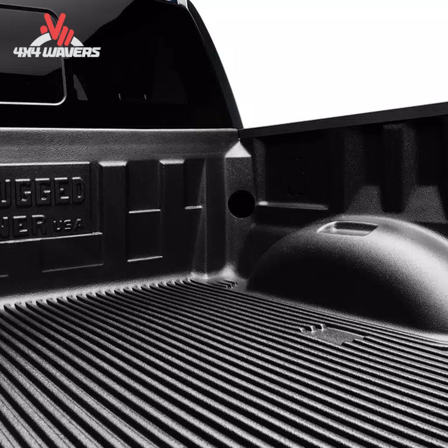 Rugged Liner bedliner for Ford F-150 8-foot bed, showing textured non-pooling floor with ribbed surface for durability and protection.