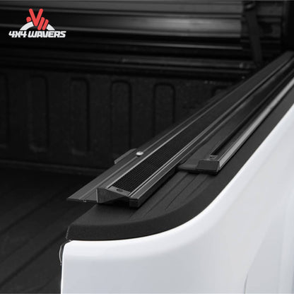 Close-up showing woven canvas bonded to interlocking aluminum slats for security and durability