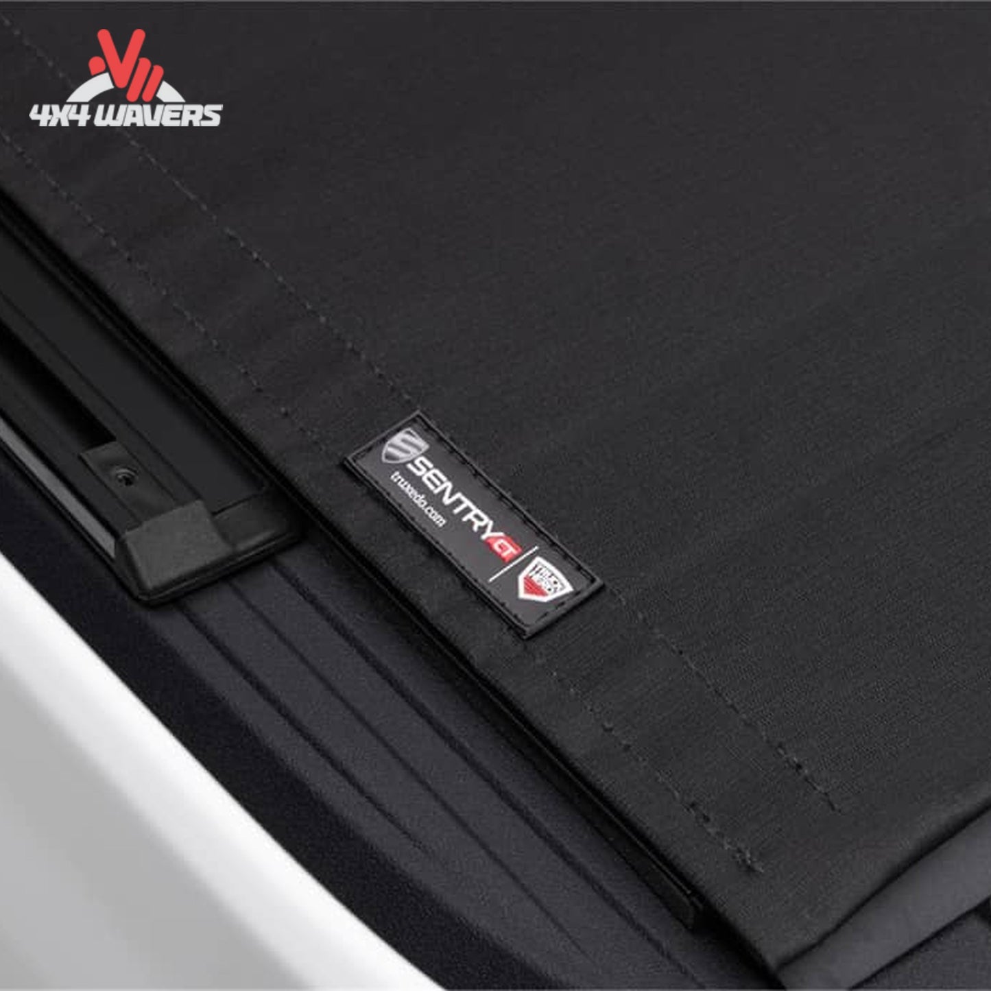 Close-up showing woven canvas bonded to interlocking aluminum slats for security and durability