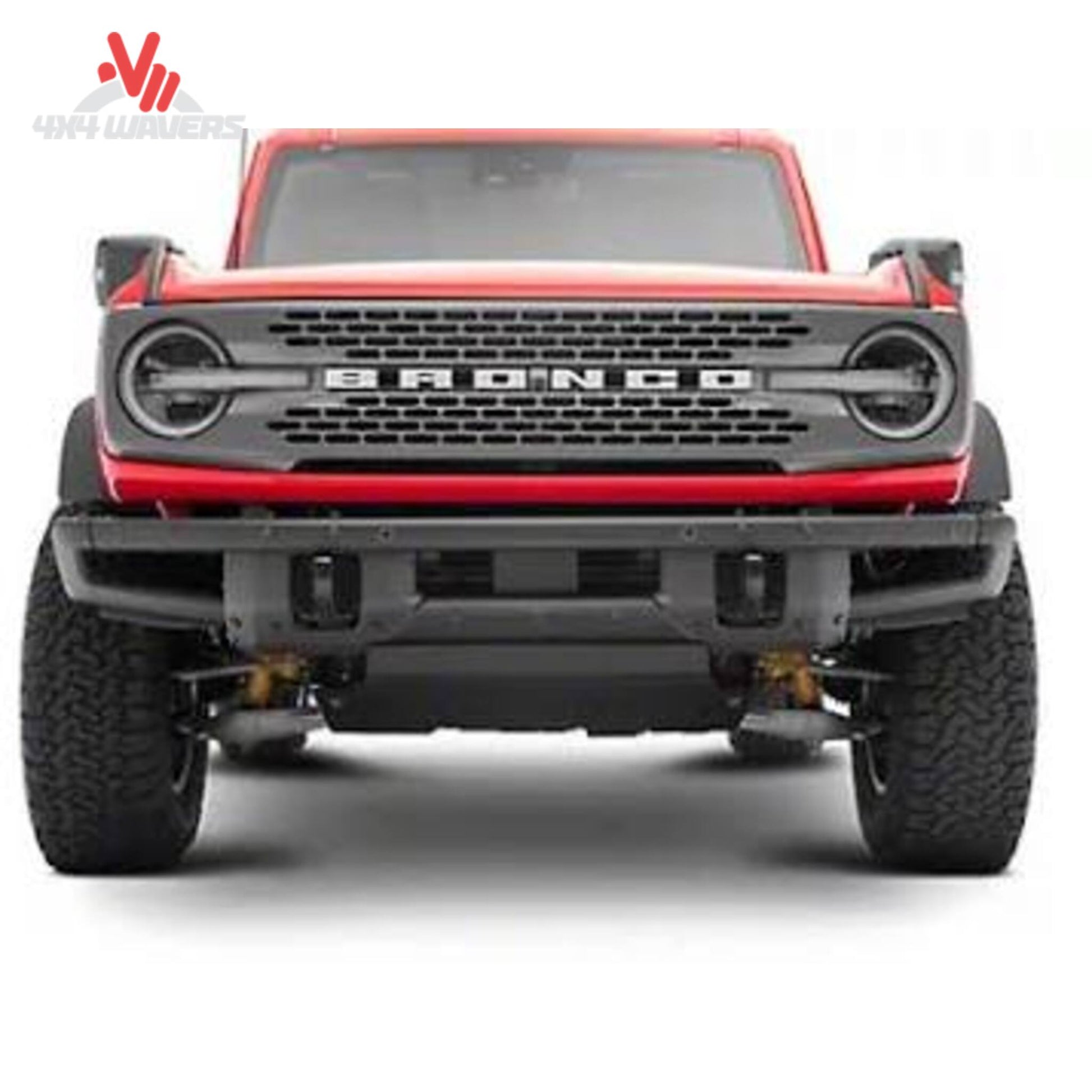 Installed Smittybilt Bronco skid plate protecting the lower bumper area during overlanding and rock crawling