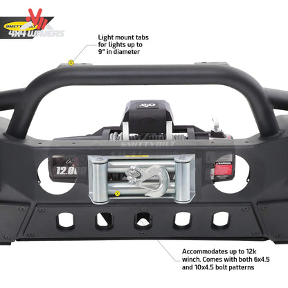 Heavy-duty steel front bumper designed for Jeep Wrangler JL and Gladiator JT off-road protection and winch integration