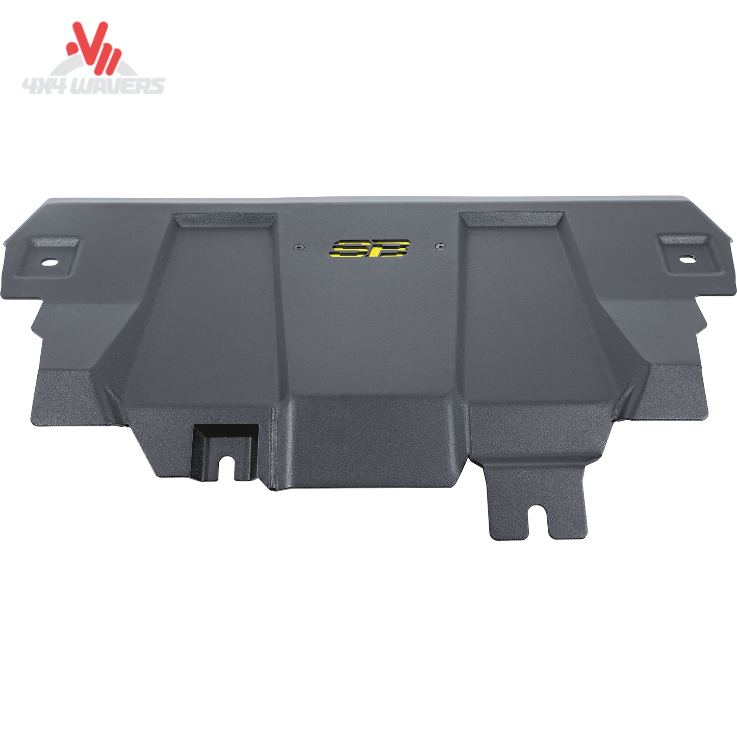 Front view of a Smittybilt XRC skid plate installed on a Ford Bronco showing heavy-duty trail protection and steel construction