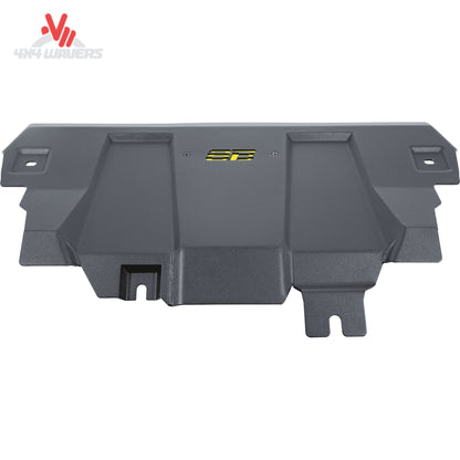 Front view of a Smittybilt XRC skid plate installed on a Ford Bronco showing heavy-duty trail protection and steel construction