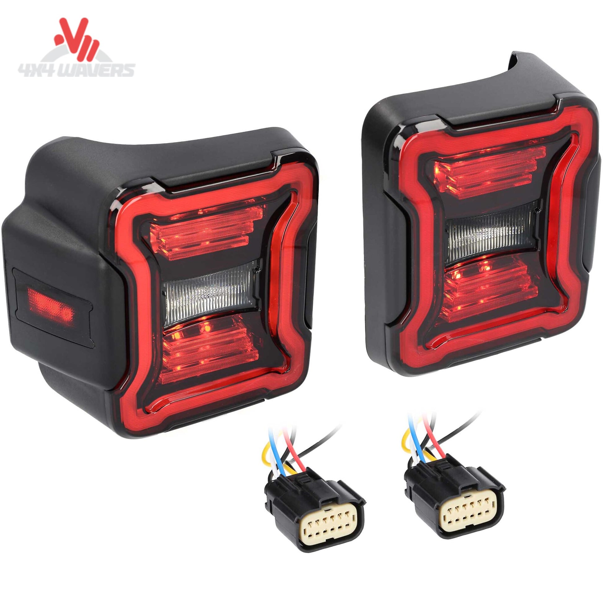 Primer plano de luz trasera LED de policarbonato ahumado para Jeep Wrangler JL, mejora de Metra, con diseño moderno y elegante.