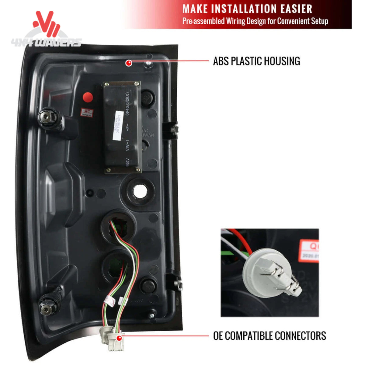 Spec-D smoked LED tail lights for 2014-2018 Silverado and 2015-2019 HD trucks, showing plug-and-play harness and resistor.