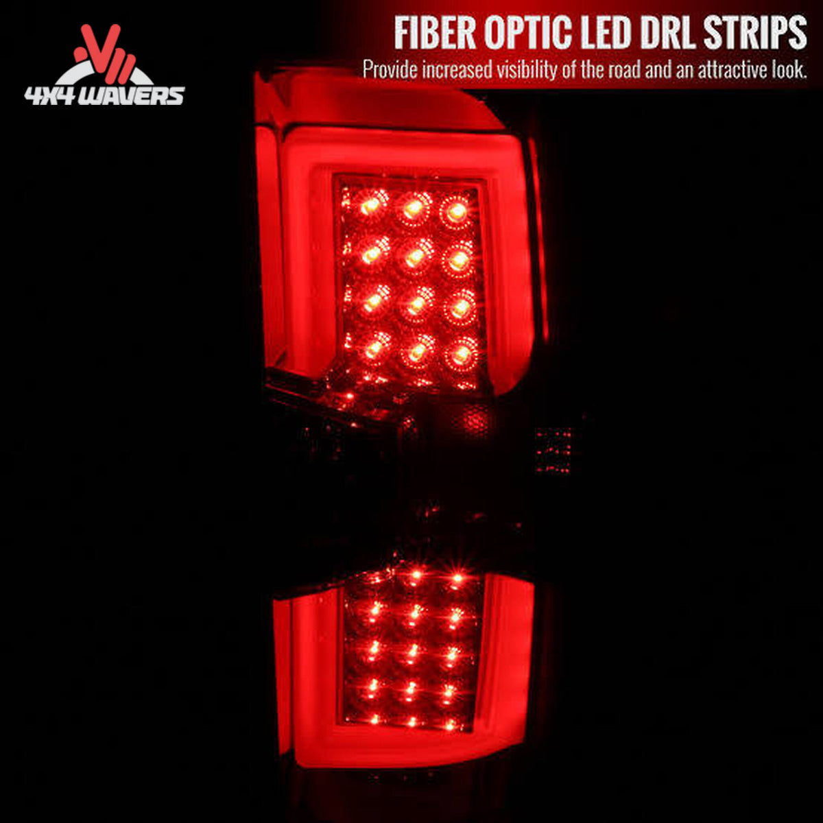 Spec-D Smoked LED tail lights with illuminated C-bar for 2014-2018 Silverado and 2015-2019 HD trucks, featuring modern LED design.