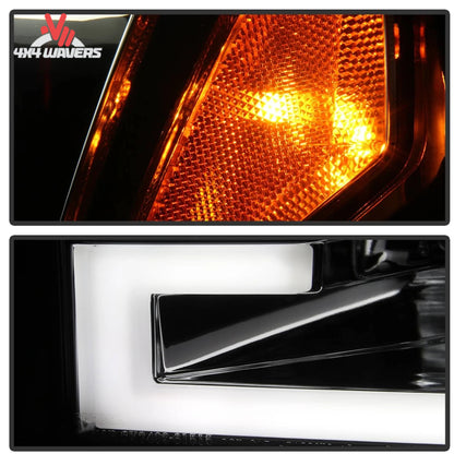 Spyder Auto projector headlights with LED DRL light bar for 2015-2017 Ford F-150 pickup truck, detailed close-up view.