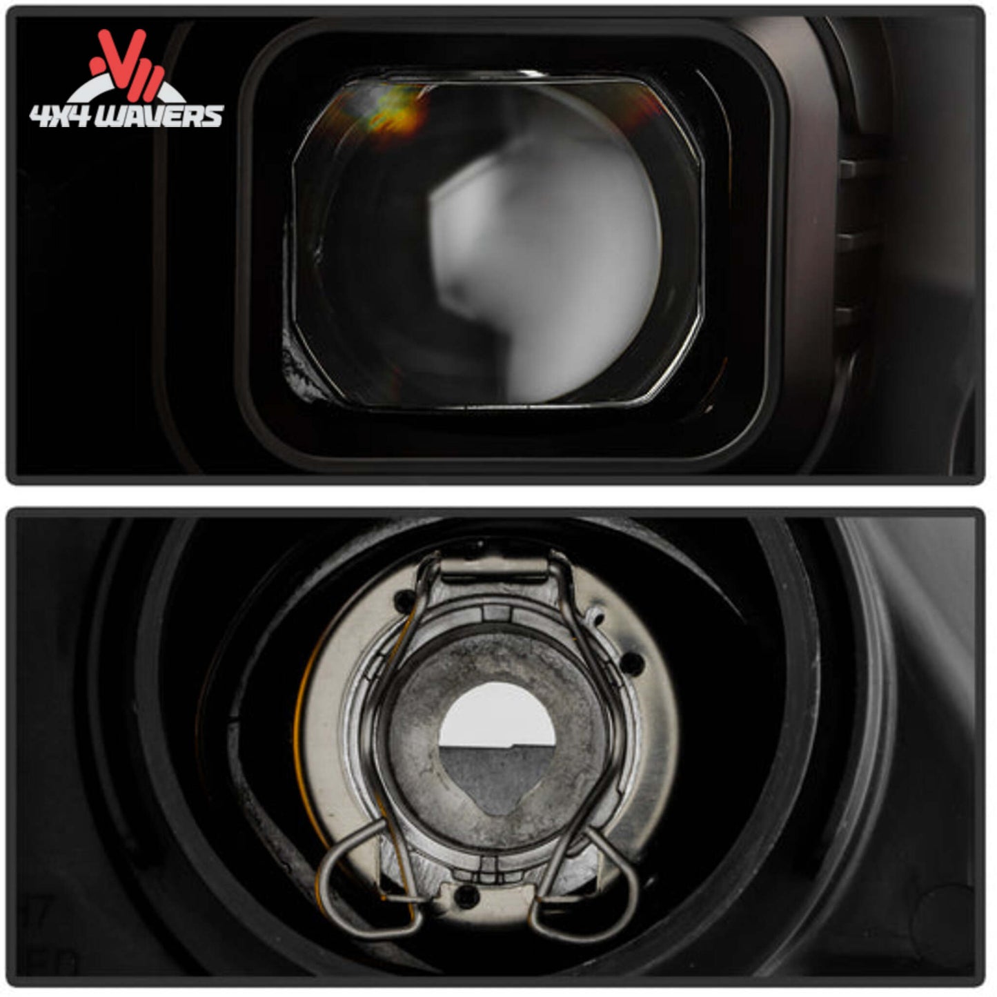 Spyder Auto projector headlights for 2021-2023 Ford F-150, close-up of the lens and detailed headlight design.