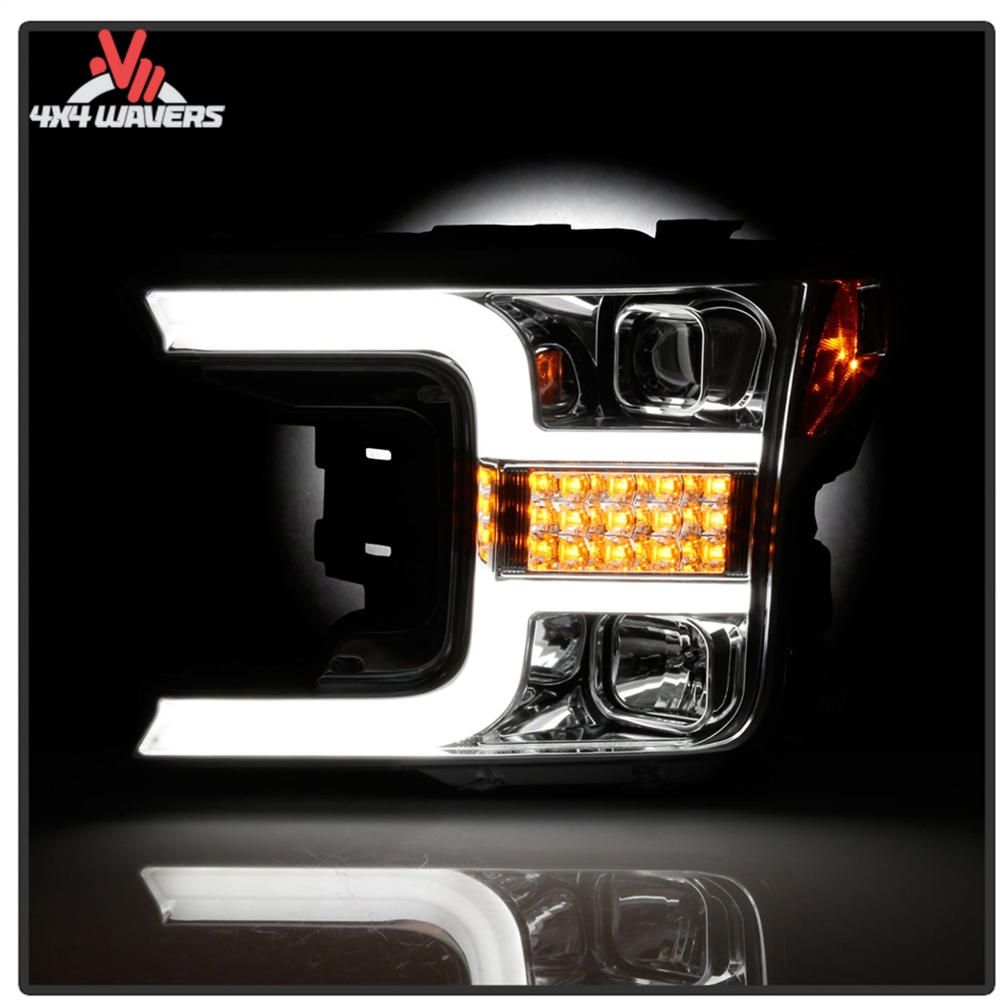 Spyder Auto projector headlights for 2018-2020 Ford F-150 with sequential LED design, detailed view of the headlight assembly.