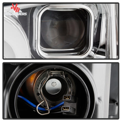 Spyder Auto projector headlights with sequential LED design for 2018-2020 Ford F-150 truck, featuring detailed lens and modern lighting elements.