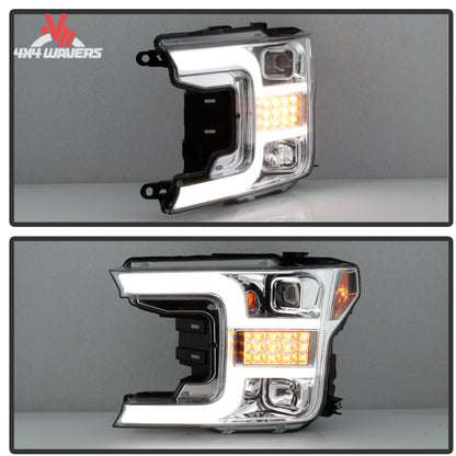 Spyder Auto projector headlights with sequential LED design for 2018-2020 Ford F-150 pickup truck, detailed view of the headlight assembly.