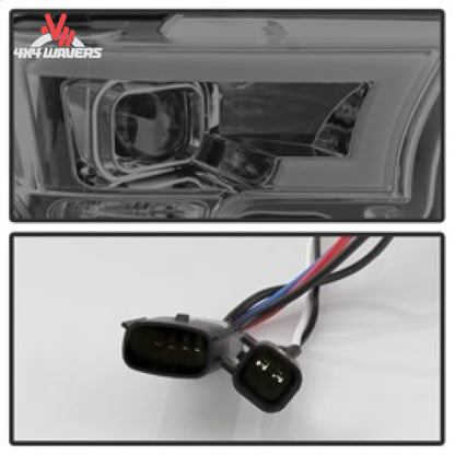 Spyder Auto smoked projector headlights for 2015-2017 Ford F-150, featuring plug-and-play harness for easy installation.