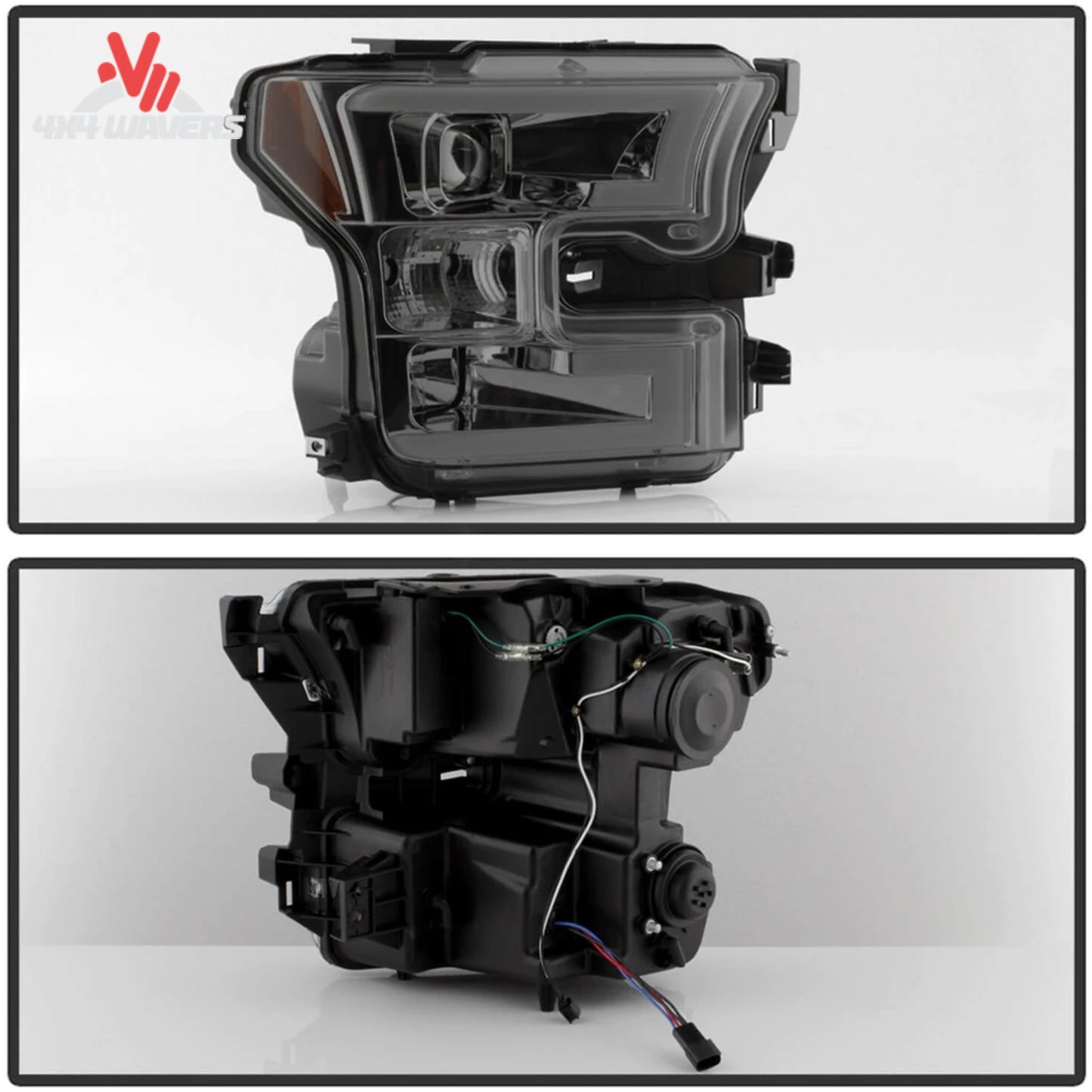 Spyder Auto smoked projector headlights for 2015-2017 Ford F-150, featuring plug-and-play harness for easy installation.