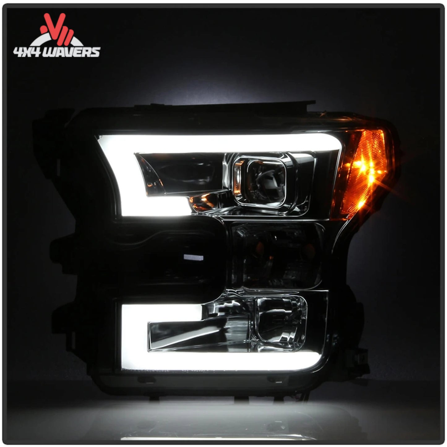 Spyder Auto smoked projector headlights installed on a 2015-2017 Ford F-150 pickup truck.