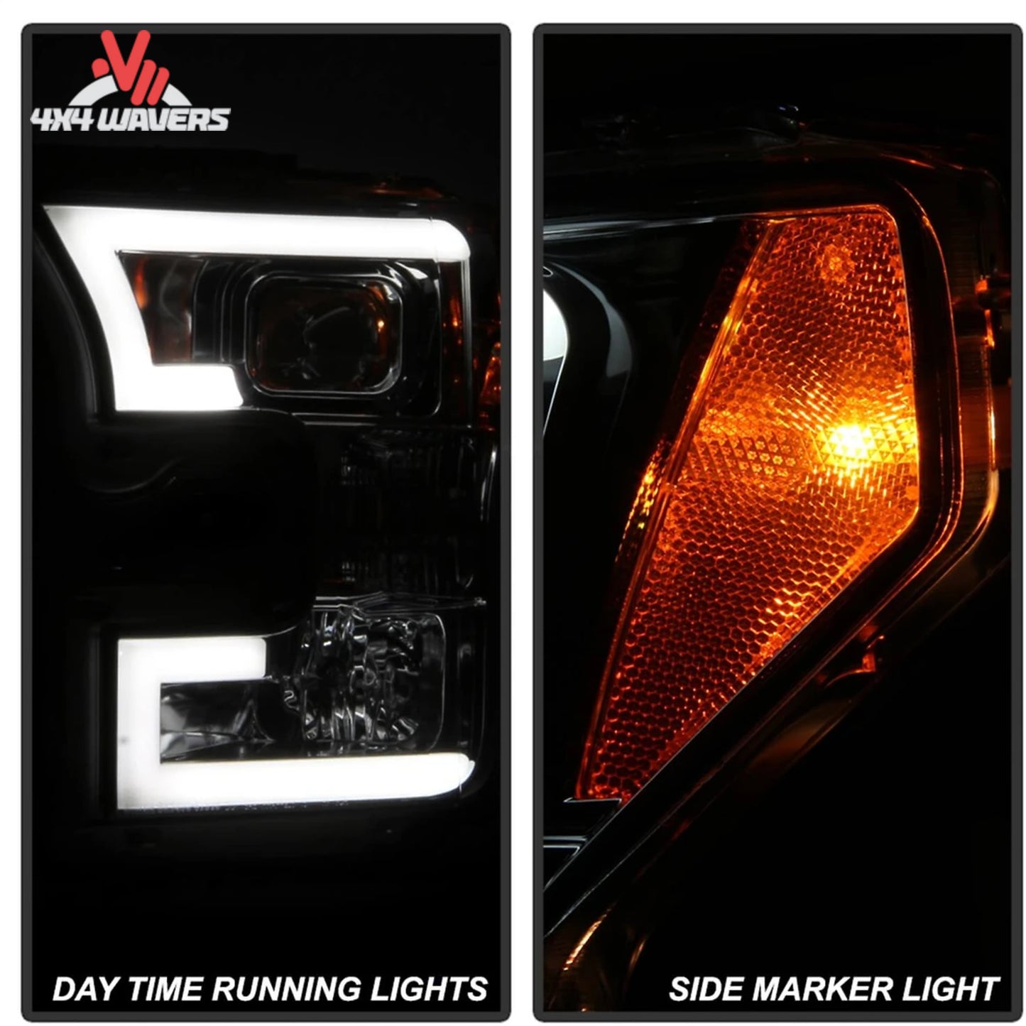 Spyder Auto smoked projector headlights installed on a 2015-2017 Ford F-150 pickup truck.