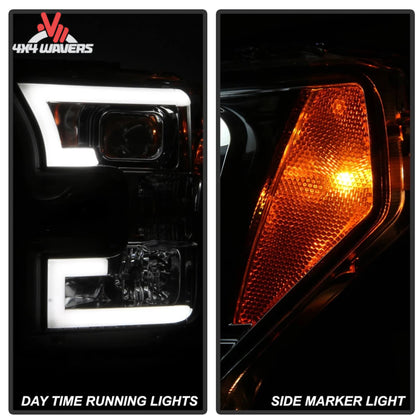 Spyder Auto smoked projector headlights installed on a 2015-2017 Ford F-150 pickup truck.