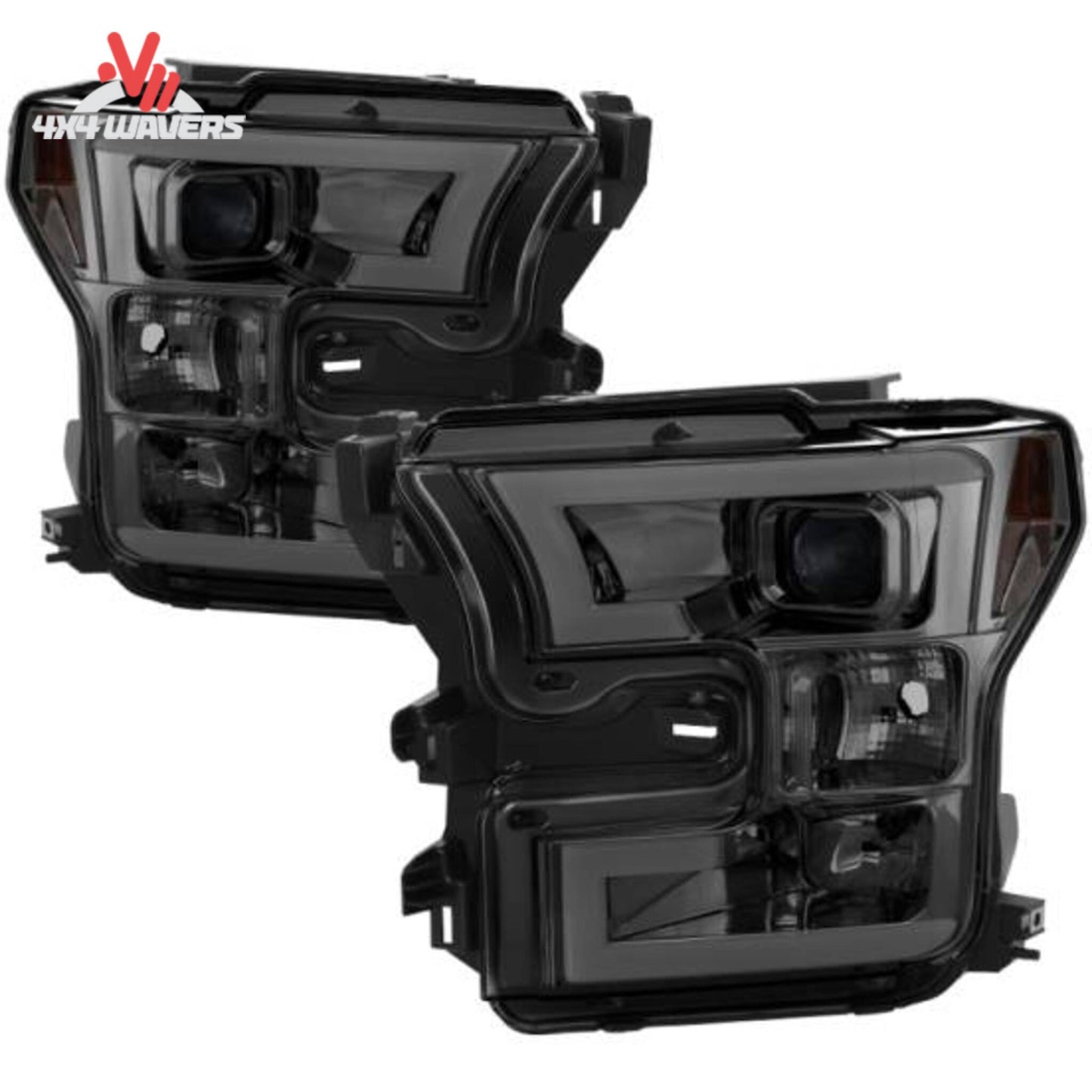 Spyder Auto smoked projector headlights for 2015-2017 Ford F-150 truck, featuring sleek design and advanced lighting technology.
