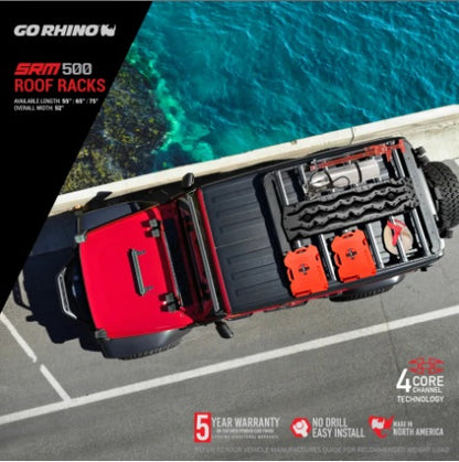 Go Rhino SRM500 55-inch flat platform roof rack installed on SUV for trucks and overland vehicles, showcasing durable design.